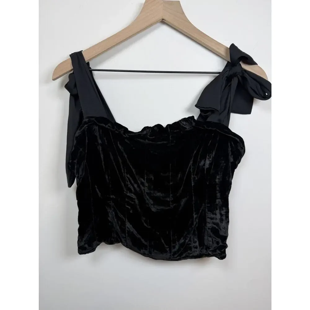 Free People Trapped In Your Love Tank Large Black Velvet Corset Bow Adjustable